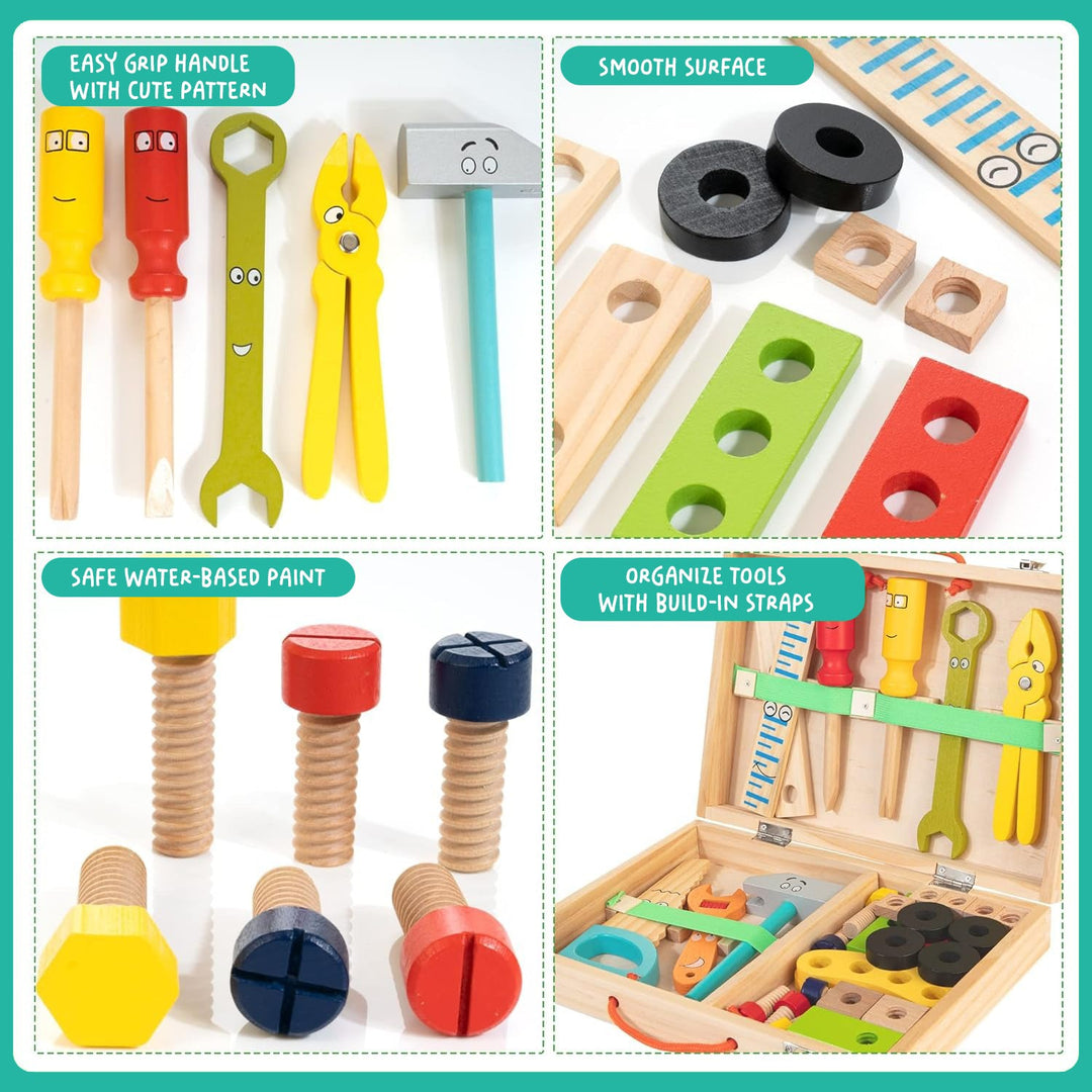 Wudly - Wooden Tool Box, Montessori Educational STEM Toys, Construction Learning Toys for 3+ Years Kids, Set of 53 pcs, Child Safe Certified, Multi color