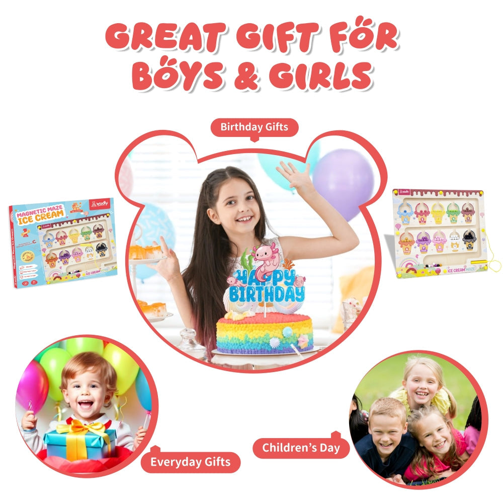 Wudly Ice Cream Maze, Magnetic Color and Number Maze - Educational Fine Motor Skills Toys for Boys Girls 3 4 5 Years Old, Wooden Color Matching Learning Counting Toddler Puzzle Board