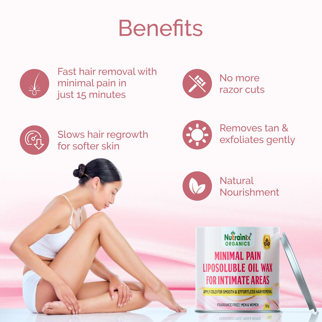 Nutrainix Organics Minimal Pain Liposoluble Oil Wax For Intimate Areas - No-Heat Hair Removal for Intimate Areas & Sensitive Skin - 150 gm