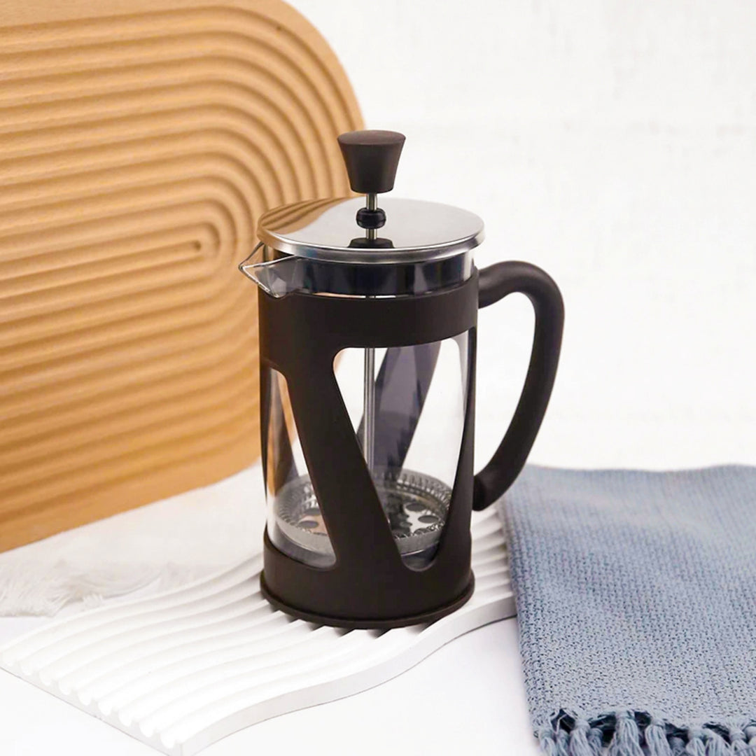 The Bean Co Roasters French Press Coffee Maker - 350 ml | Heat Resistant Borosilicate Glass | Stainless Steel Plunger with Reusable Mesh Filter | Dark Brown