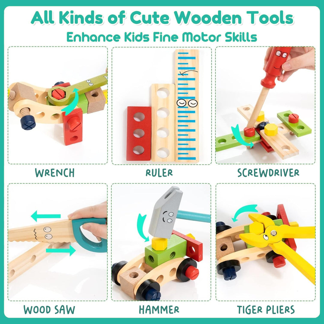 Wudly - Wooden Tool Box, Montessori Educational STEM Toys, Construction Learning Toys for 3+ Years Kids, Set of 53 pcs, Child Safe Certified, Multi color
