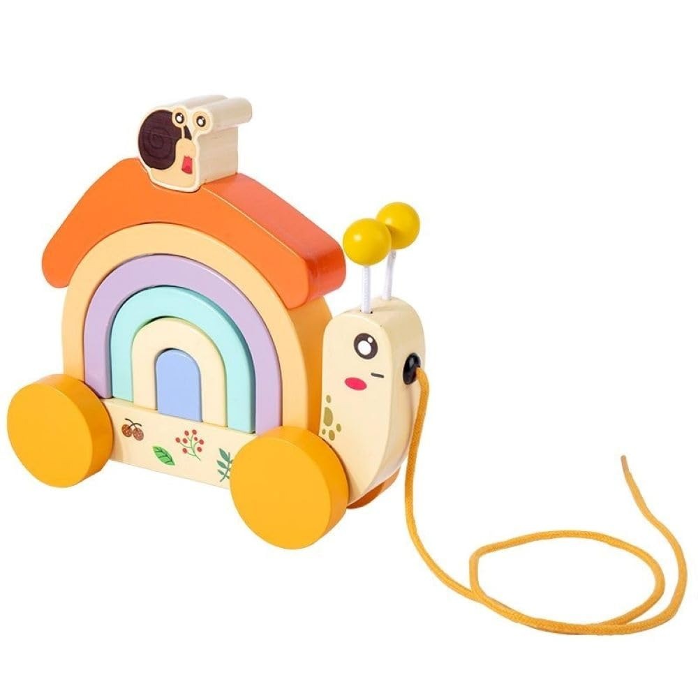 Wudly - Wooden Snail tractor, Pull along toy, Rainbow stacker, Color Blocks, Round Pull toy, toddler activity for 1+ Years kids, Child Safe Certified, Multi Colors