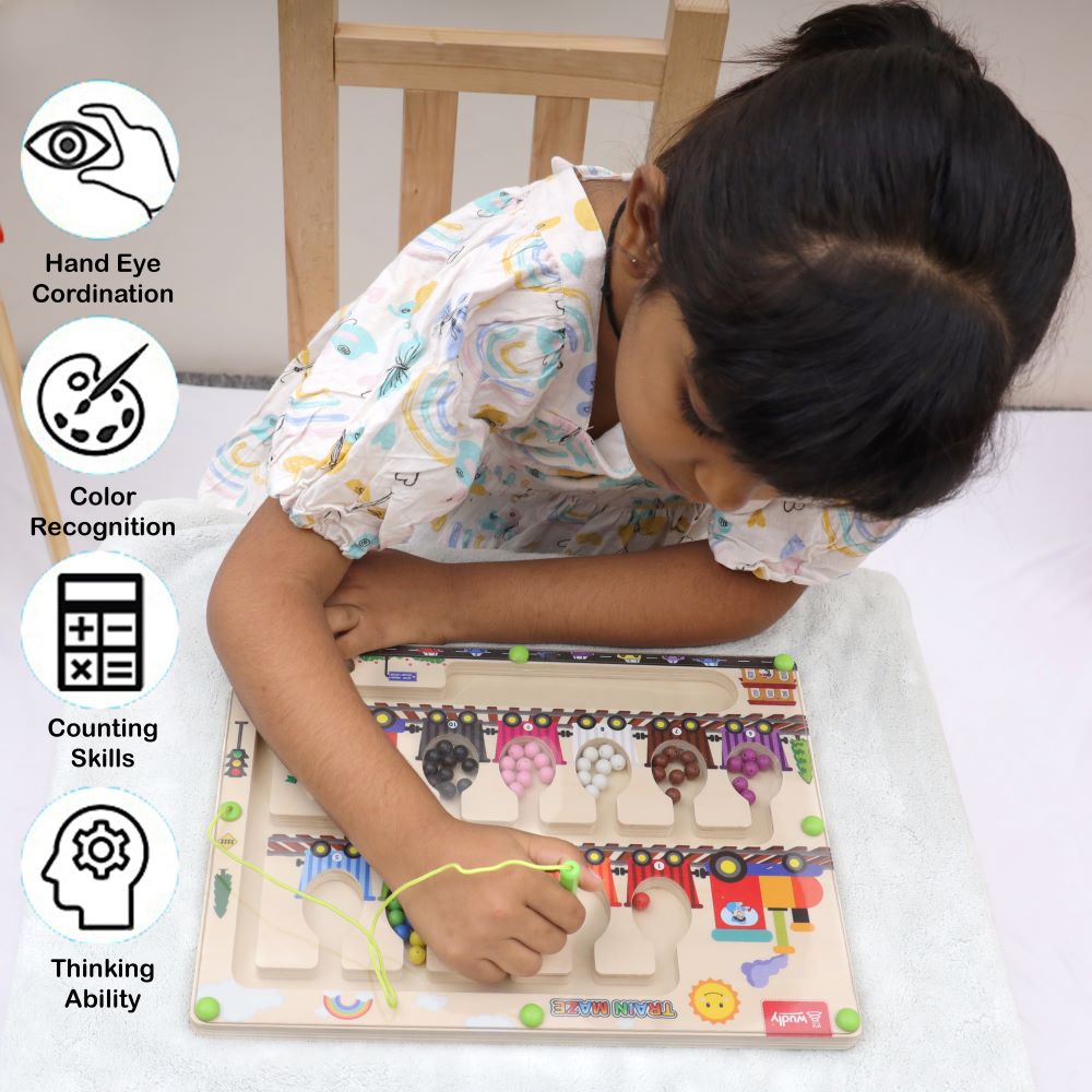 Wudly Magnetic Train Maze Board, Wooden Educational Toy, Ages 3-5, Colour Sorting Puzzle with Magnetic Wand