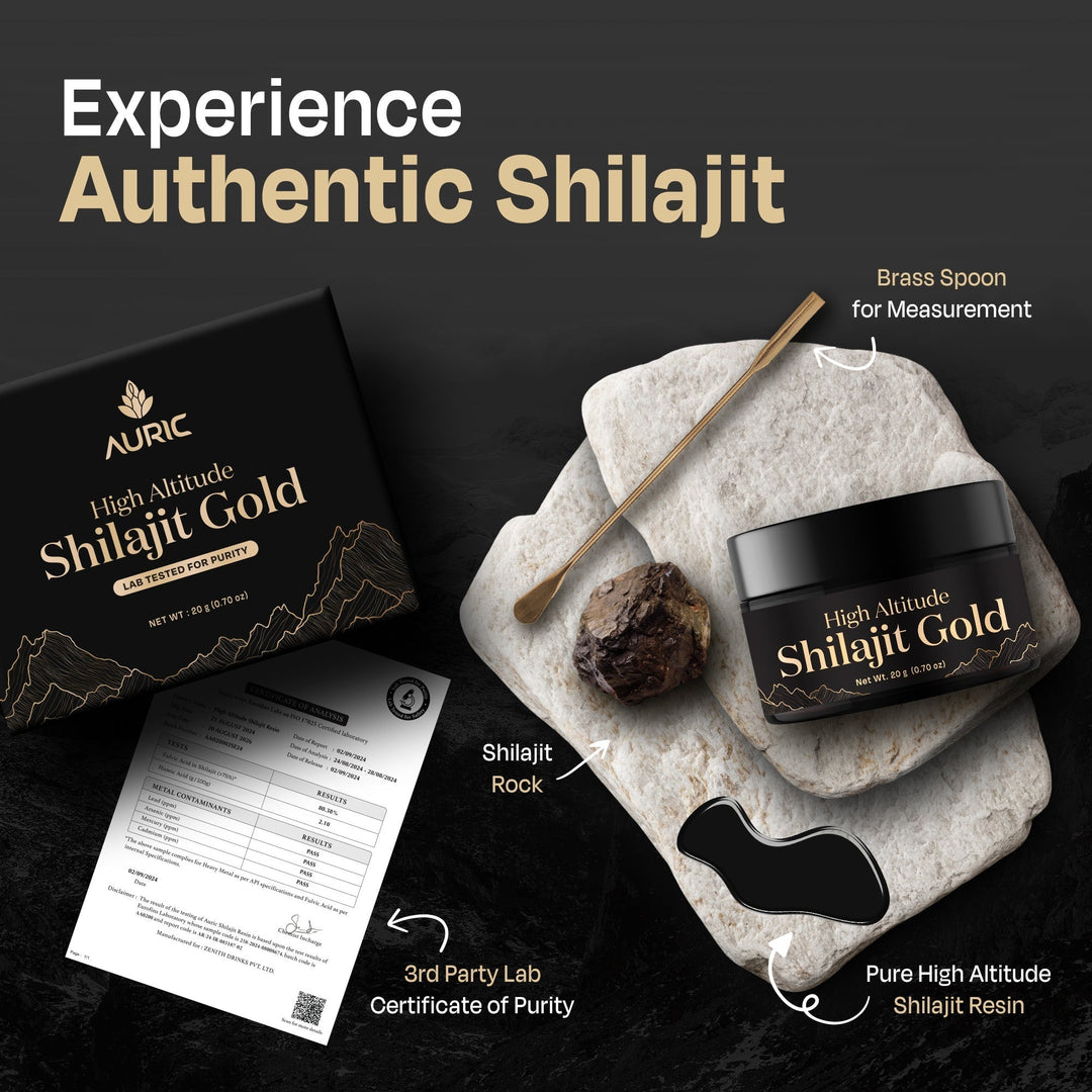 Auric Lab Certified High Altitude Shilajit/Shilajeet Gold Resin 20g | 75% Fulvic Acid + Humic Acid |80+ Trace Minerals, Real Brass spoon and Shilajit rock with every order