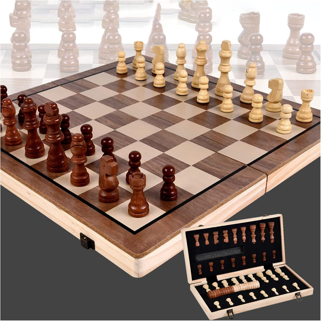 Wudly 2-in-1 Big Chess & Checkers Set – Premium Wooden Board Game for Adults & Kids, Classic Chess + Checkers Combo