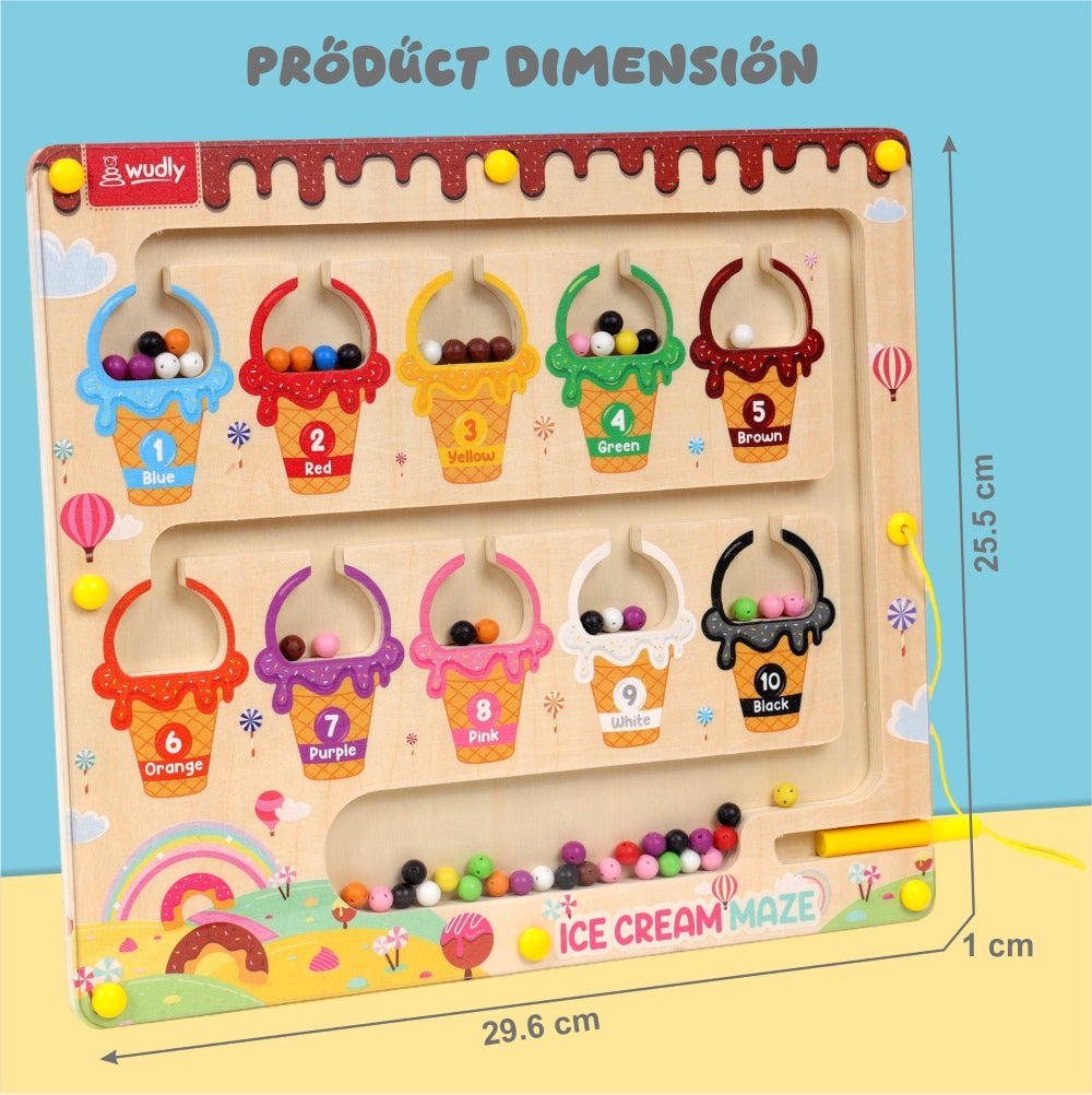 Wudly Ice Cream Maze, Magnetic Color and Number Maze - Educational Fine Motor Skills Toys for Boys Girls 3 4 5 Years Old, Wooden Color Matching Learning Counting Toddler Puzzle Board