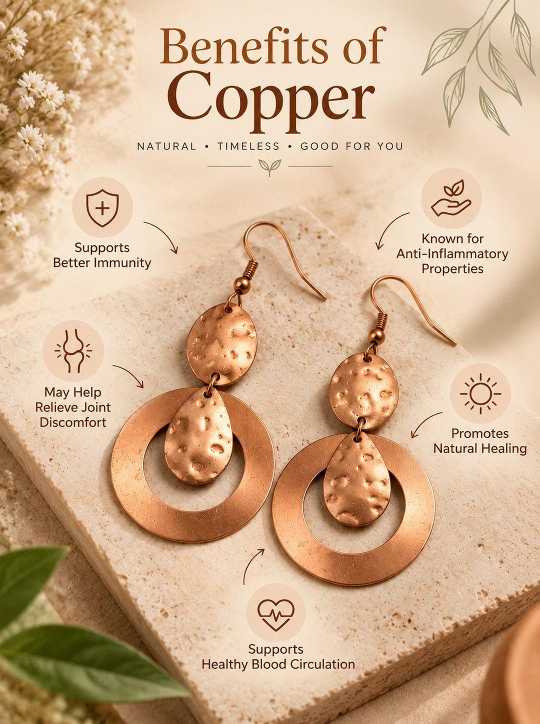 Bamboology Trends Hammered Copper Drop Earrings | Round Design