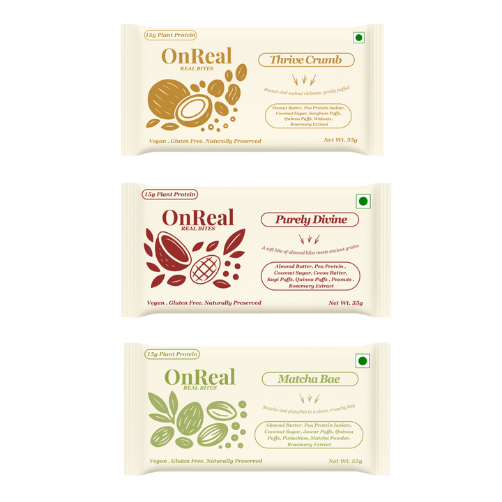 OnReal Variety Pack Plant-Based Protein Bars (6 x 55g Each) | 15g Plant Protein | No Refined Sugar | High Fiber | Includes Purely Divine, Matcha Bae & Thrive Crumb | Vegan, Gluten-Free | Clean Label Snack