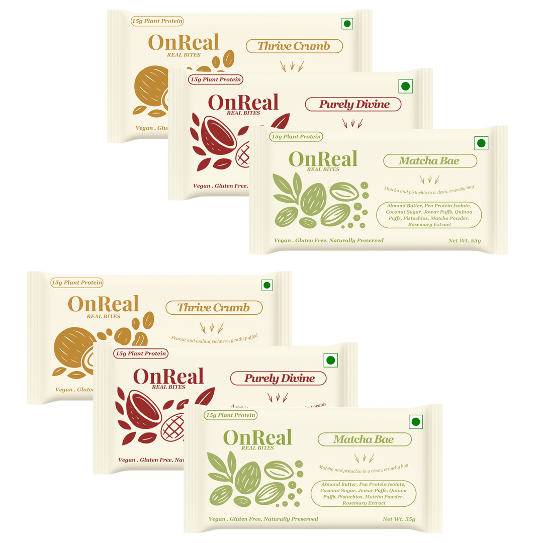OnReal Variety Pack Plant-Based Protein Bars | 15g Plant Protein | No Refined Sugar | High Fiber | Includes Purely Divine, Matcha Bae & Thrive Crumb | Vegan, Gluten-Free | Clean Label Snack