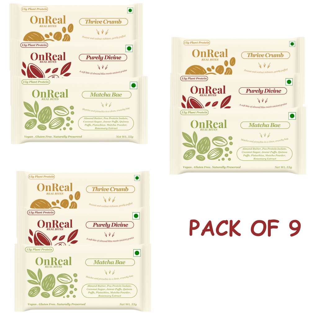 OnReal Variety Pack Plant-Based Protein Bars | 15g Plant Protein | No Refined Sugar | High Fiber | Includes Purely Divine, Matcha Bae & Thrive Crumb | Vegan, Gluten-Free | Clean Label Snack