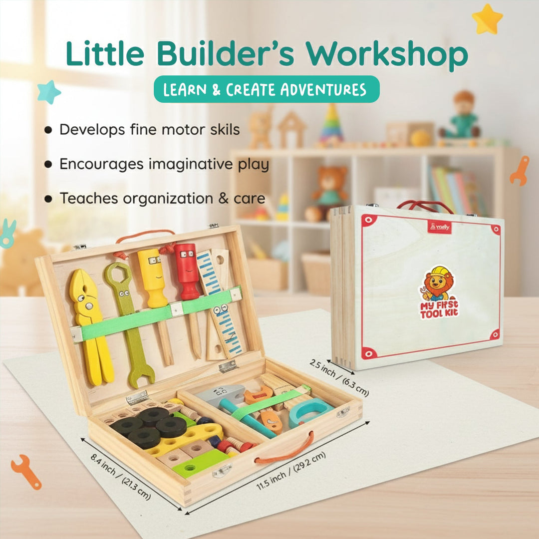 Wudly - Wooden Tool Box, Montessori Educational STEM Toys, Construction Learning Toys for 3+ Years Kids, Set of 53 pcs, Child Safe Certified, Multi color