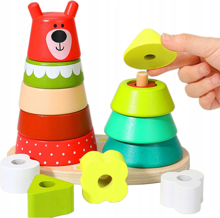 Wuldy - Wooden Sorting Stacking Rings Building Puzzles Double Shapes Toys Educational Color Geometric Shape Recognition Learning Montessori Toys for 18+ Months Kids, Set of 17 pcs, Child Safe Certified, Multi colors