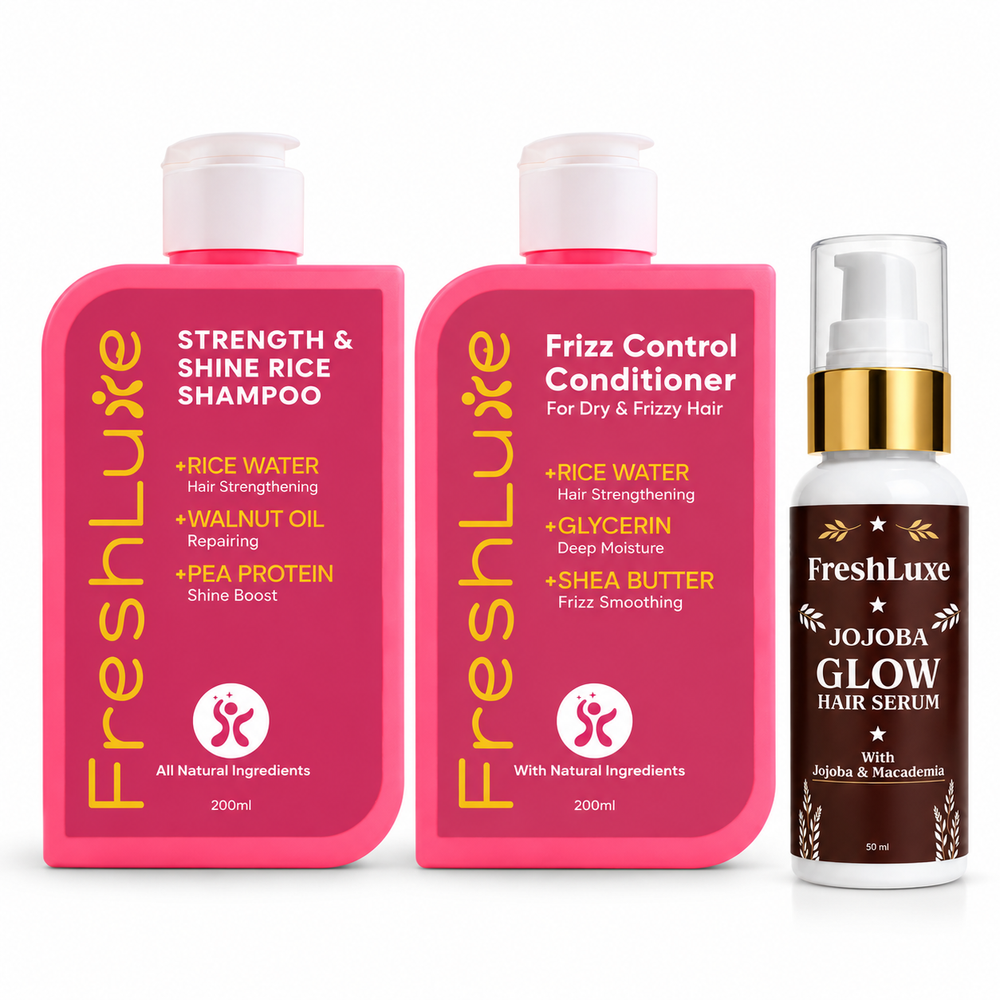 FreshLuxe Rice Water Shampoo, Conditioner & Serum Combo for Dry & Frizzy Hair | Rice Shampoo + Frizz Control Conditioner + Jojoba Glow Hair Serum | Haircare Kit for Women & Men | Set of 3