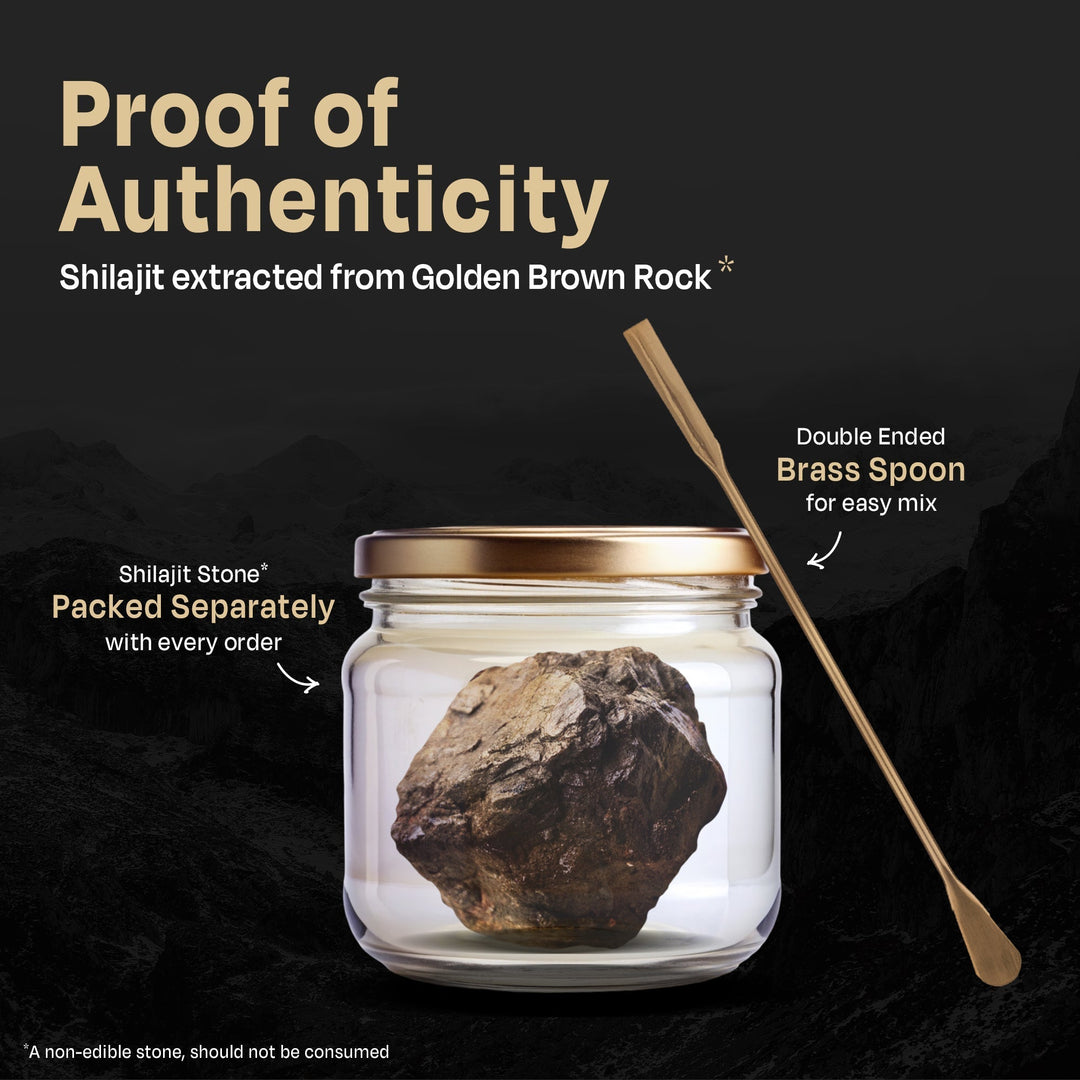 Auric Lab Certified High Altitude Shilajit/Shilajeet Gold Resin 20g | 75% Fulvic Acid + Humic Acid |80+ Trace Minerals, Real Brass spoon and Shilajit rock with every order
