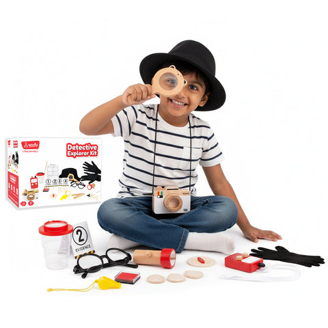 Wudly Wooden Detective Role Play Set for Kids, 15 Pieces with Evidence Markers, Wooden Tools, Case File, Black Hat and Accessories