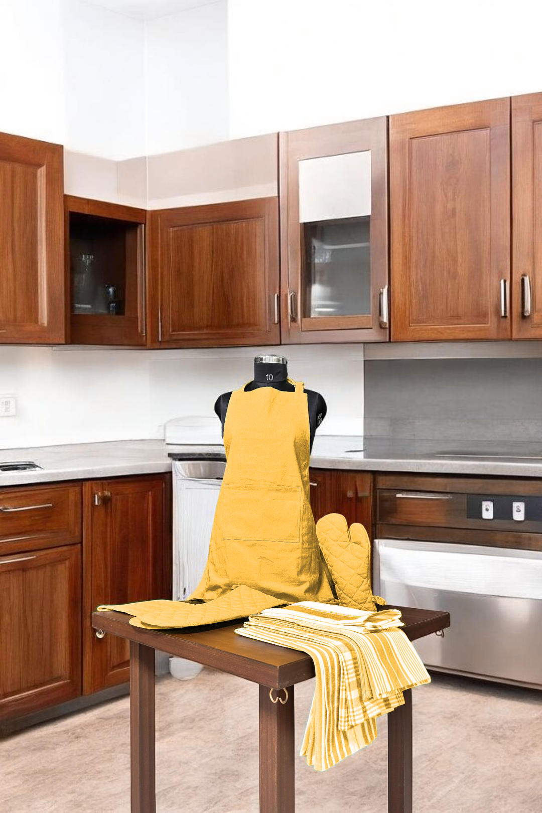 Country Village - Kitchen linen set ( Apron , Mittens , Kitchen towels)
