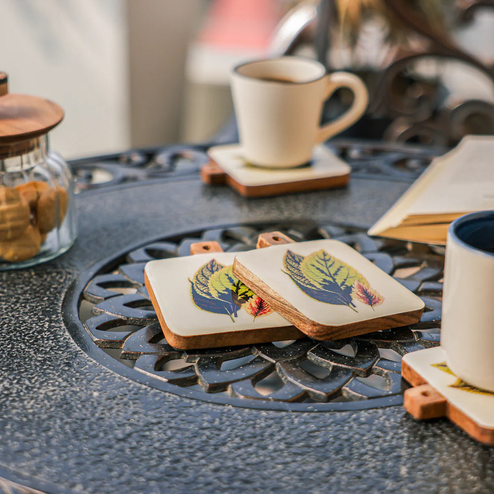 Ireka Homes Timber Leaf Coaster Set – Acacia Wood & Enamel – Ideal for Coffee Tables, Desks, & Gifting