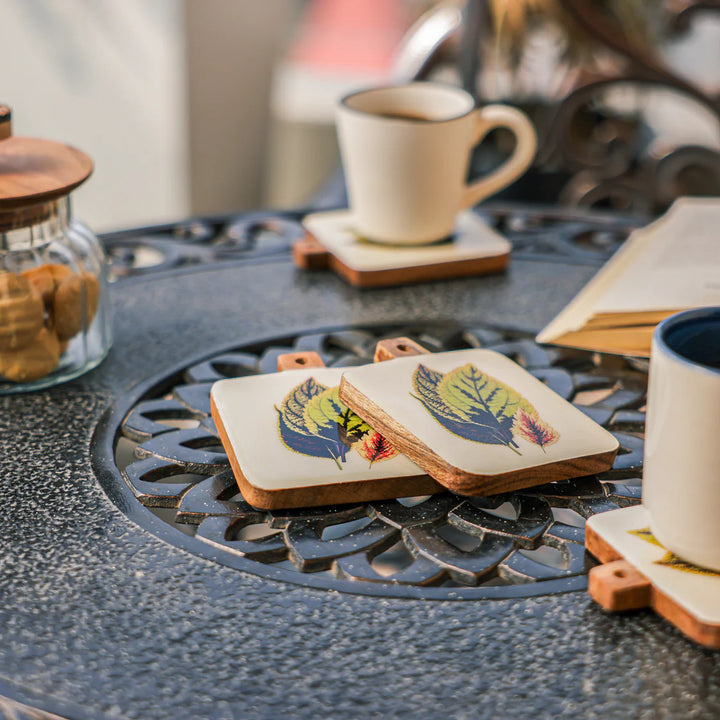 Ireka Homes Timber Leaf Coaster Set – Acacia Wood & Enamel – Ideal for Coffee Tables, Desks, & Gifting