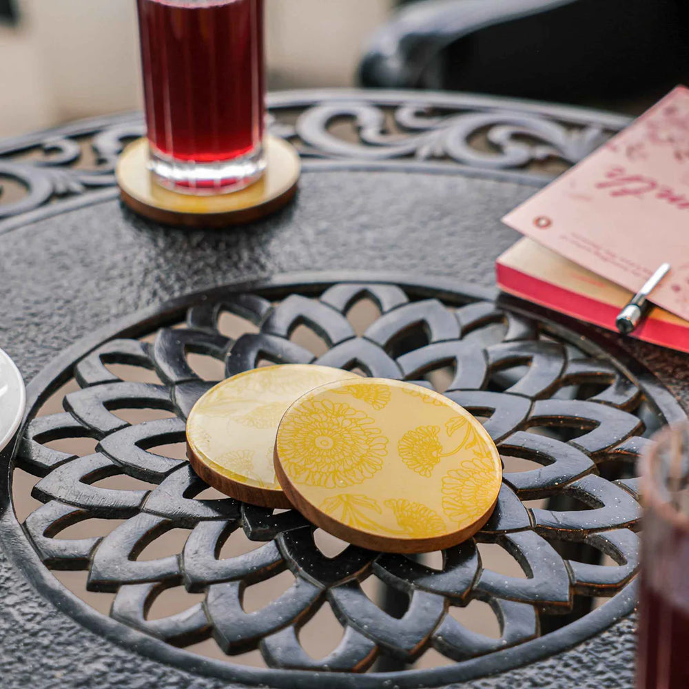 Ireka Homes Golden Bloom Coaster Set – Acacia Wood with Enamel - Ideal for Coffee Tables, Desks, & Gifting