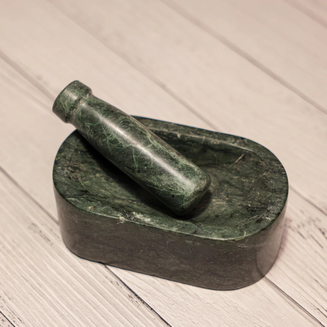 Ireka Homes Grindini Marble Mortar & Pestle Set – Handcrafted Green Stone Mortar with Ergonomic Pestle – Ideal for Spices, Herbs, Nuts & More (6x3.5x3.5 inches)
