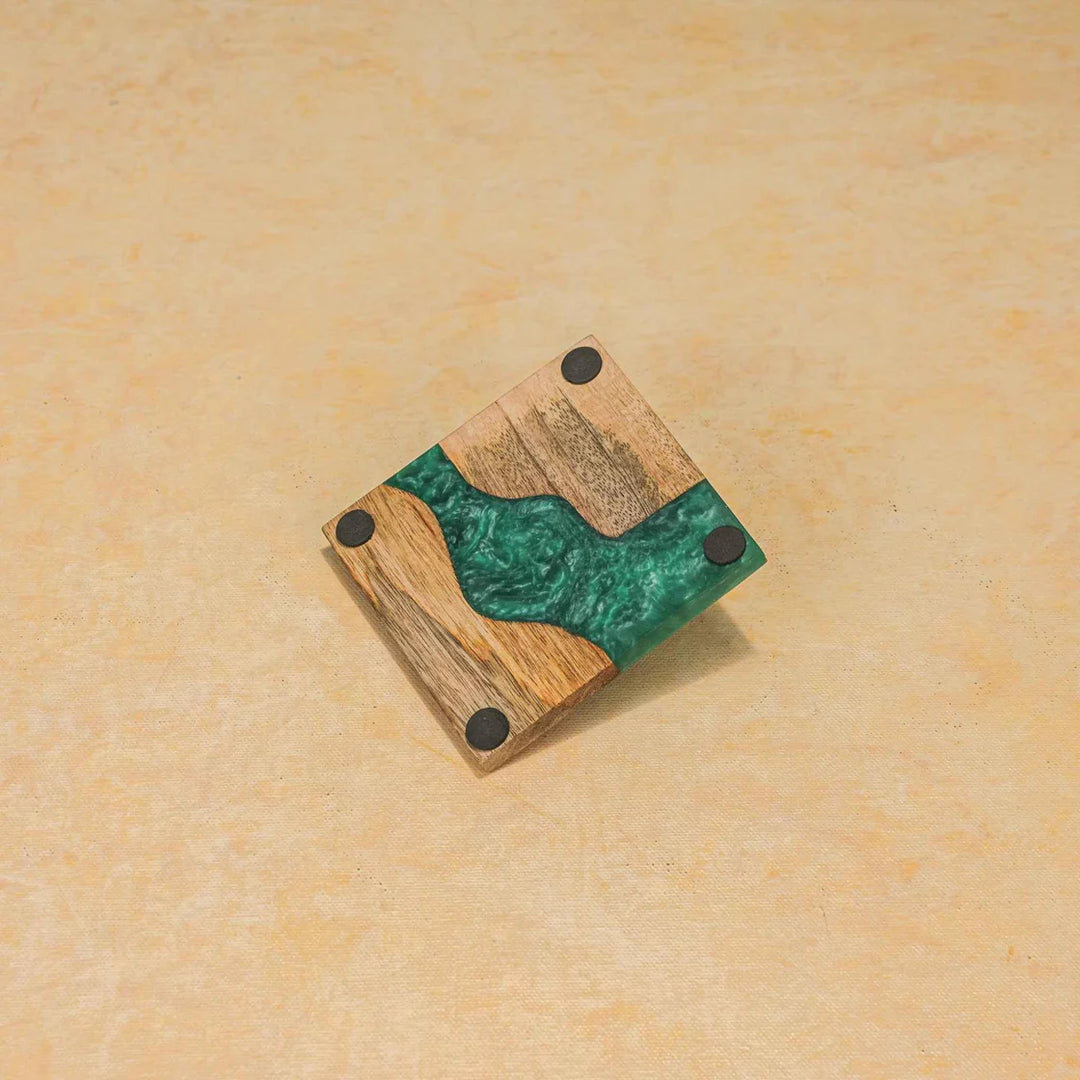 Ireka Homes Blue Wave Coaster Set – Mango Wood and Resin – Ideal for Coffee Tables, Desks, & Gifting