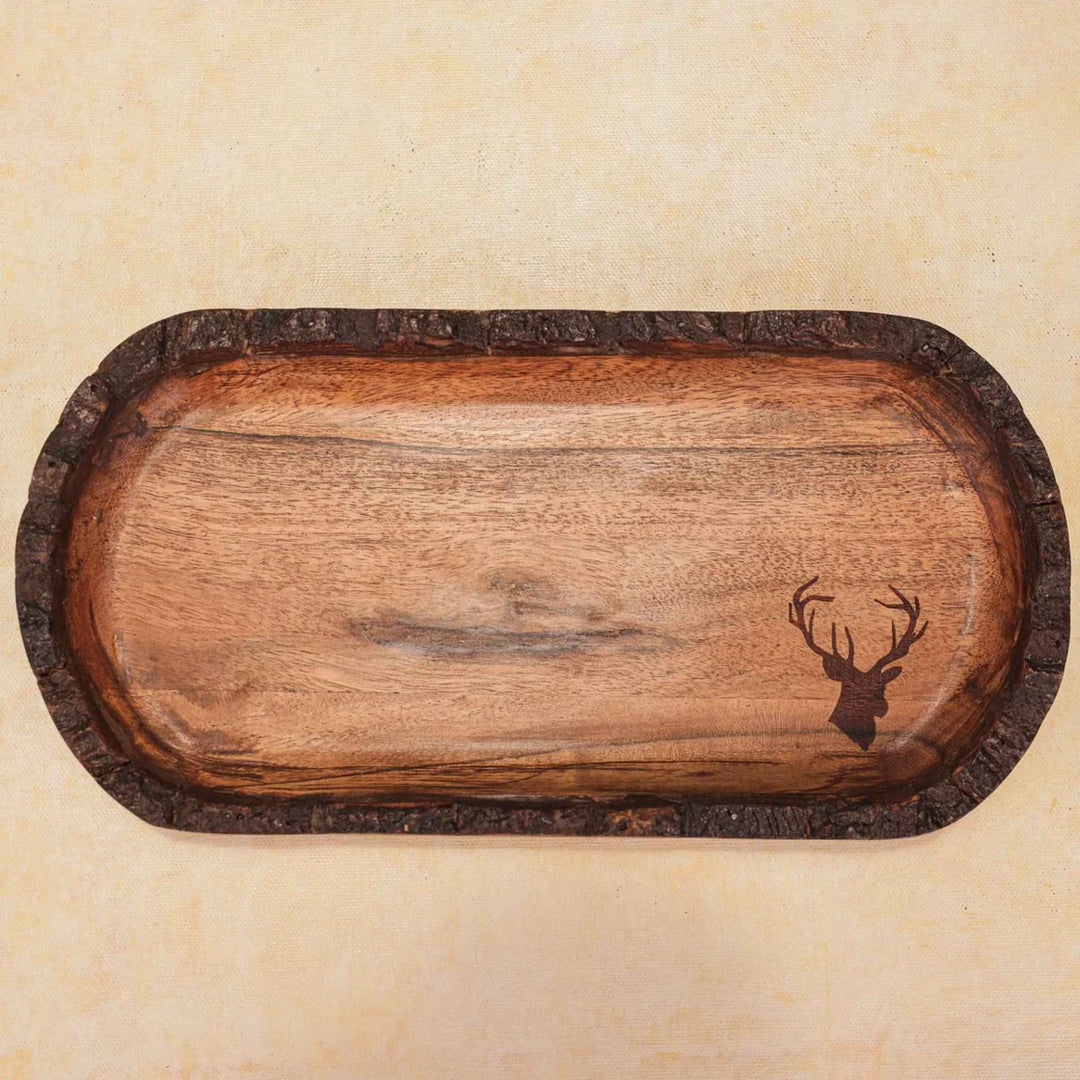 Ireka Homes Multi-Purpose Oh Deer Serving Platter - Premium Acacia Wood Platter - Decorative Kitchen Platter for Serving Food, Drinks, Coffee, and Cheese (12x6 inches)
