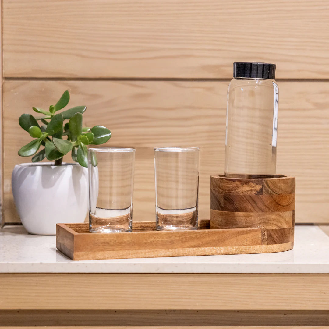 Ireka Homes Thirstray Water Bottle Holder – Handcrafted Acacia Wood Tray - Raised Bottle Holder with Glass Slots – Perfect for Bedside, Guest Room, or Lounge (14x5x4 inches)