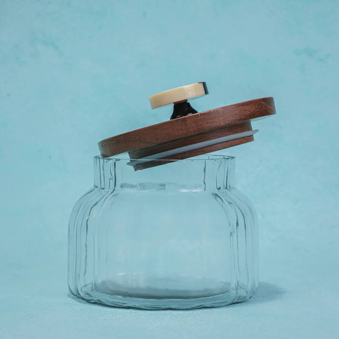 Ireka Homes Premium Bubble Canister - Food-Safe Glass Storage Jar with Airtight Wooden Lid - Perfect for Coffee, Sugar, Snacks & More (4.5x5 inches)