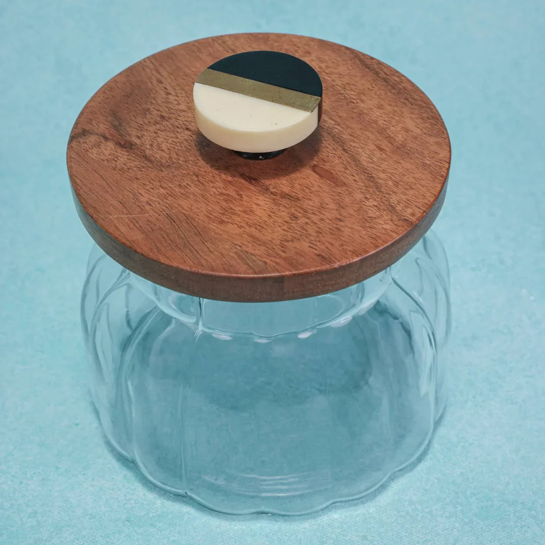 Ireka Homes Premium Bubble Canister - Food-Safe Glass Storage Jar with Airtight Wooden Lid - Perfect for Coffee, Sugar, Snacks & More (4.5x5 inches)