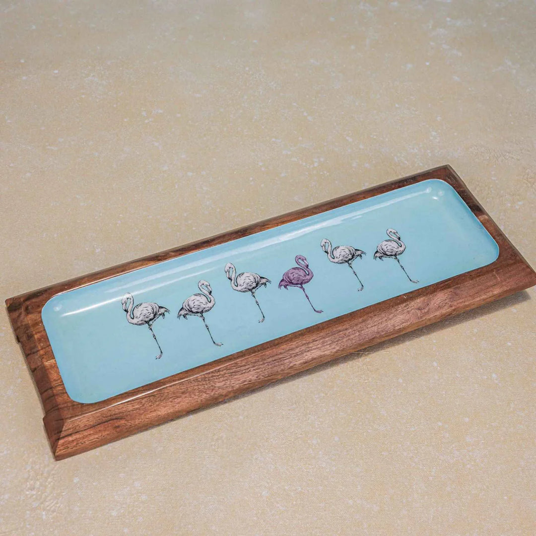 Ireka Homes Multi-Purpose Flamingo Fiesta Serving Platter - Premium Acacia Wood Platter With Enamel Coating - Decorative Kitchen Platter for Serving Food, Drinks, Coffee, and Cheese (17x6 inches)
