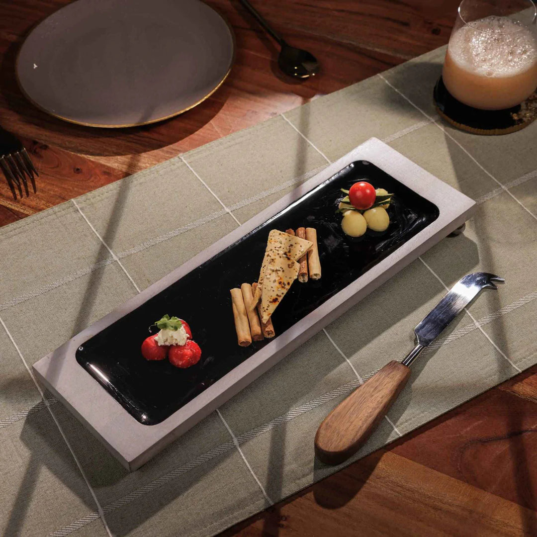 Ireka Homes Multi-Purpose Tray Cool Serving Platter - Premium Acacia Wood Platter With Enamel Coating - Decorative Kitchen Platter for Serving Food, Drinks, Coffee, and Cheese (14x4.5 inches)