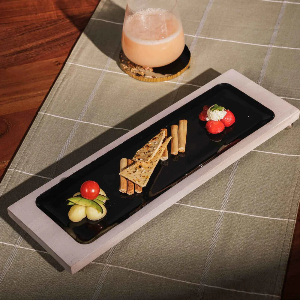 Ireka Homes Multi-Purpose Tray Cool Serving Platter - Premium Acacia Wood Platter With Enamel Coating - Decorative Kitchen Platter for Serving Food, Drinks, Coffee, and Cheese (14x4.5 inches)