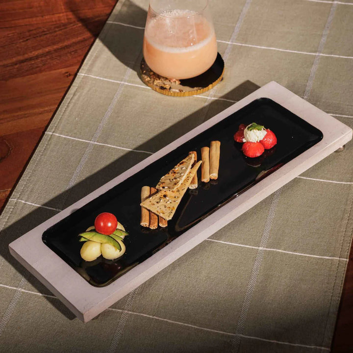 Ireka Homes Multi-Purpose Tray Cool Serving Platter - Premium Acacia Wood Platter With Enamel Coating - Decorative Kitchen Platter for Serving Food, Drinks, Coffee, and Cheese (14x4.5 inches)