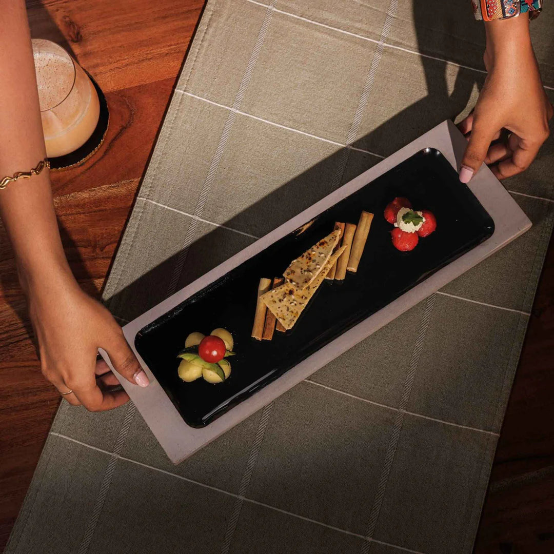 Ireka Homes Multi-Purpose Tray Cool Serving Platter - Premium Acacia Wood Platter With Enamel Coating - Decorative Kitchen Platter for Serving Food, Drinks, Coffee, and Cheese (14x4.5 inches)