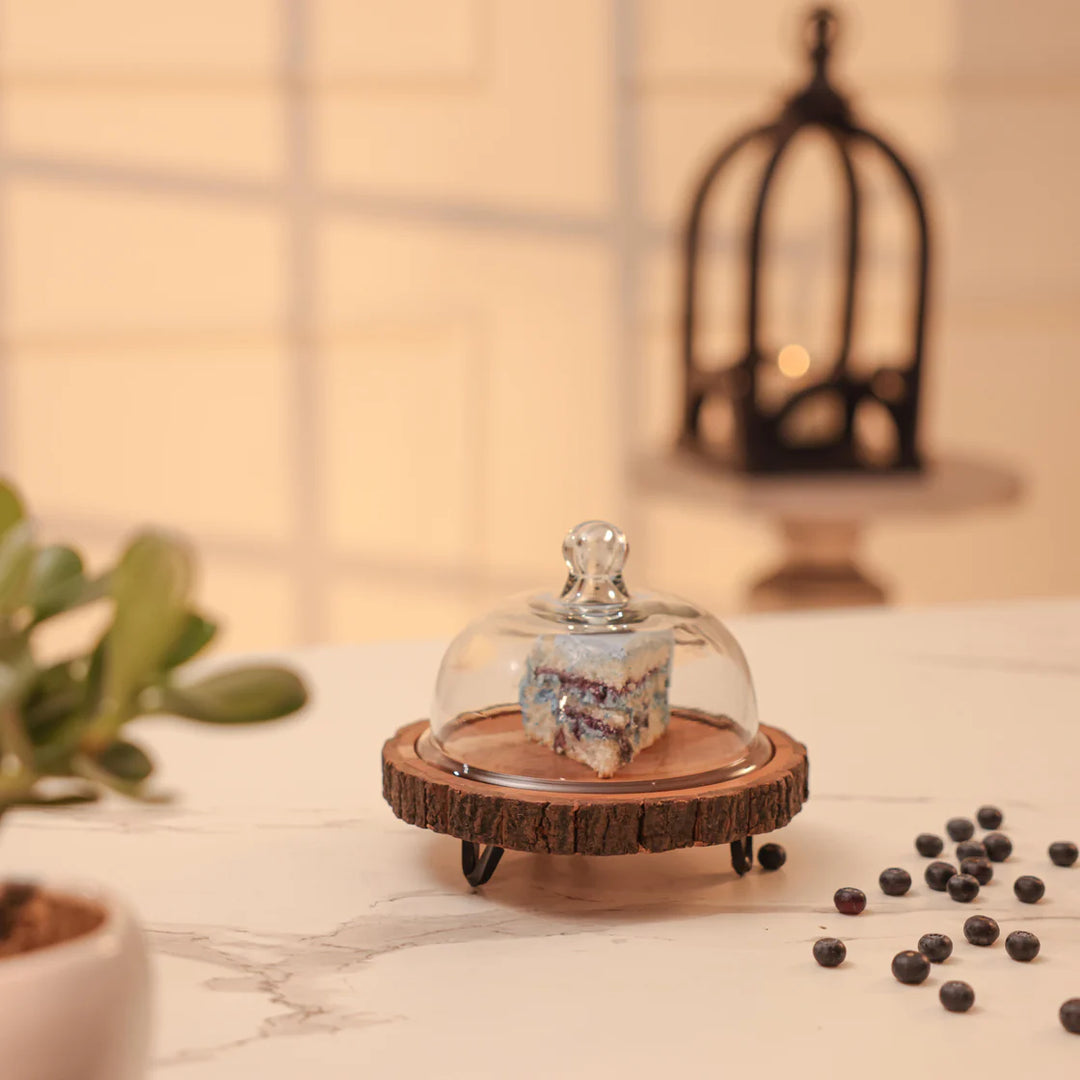 Ireka Homes Vriksha Acacia Wood Cake Stand with Glass Dome – Handmade, Sustainable, Foodsafe – Perfect for Mini Cakes, Fruits, and Snacks