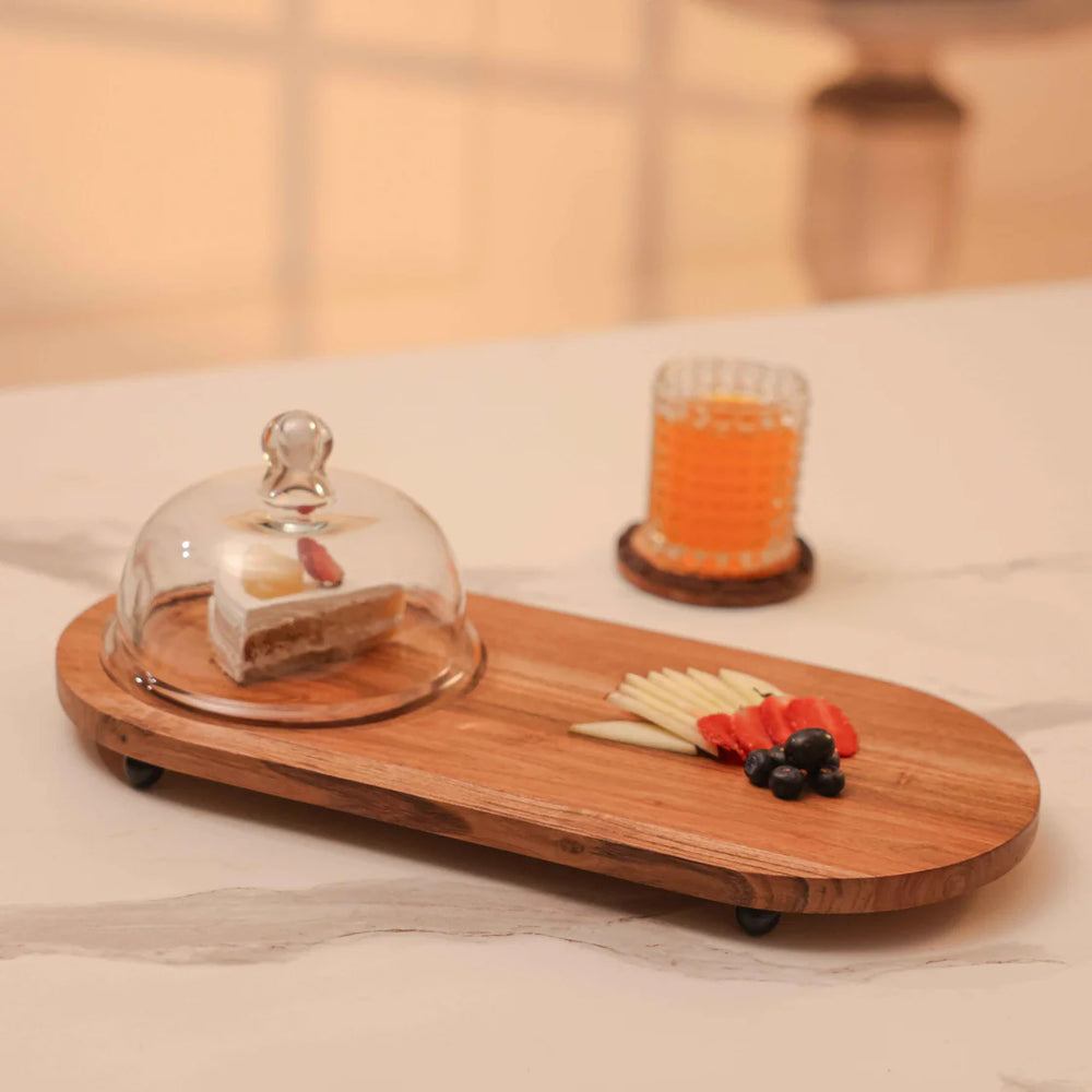 Ireka Homes Dome n Dime Acacia Wood Cake Stand with Glass Dome – Handmade, Sustainable, Foodsafe – Perfect for Mini Cakes, Fruits, and Snacks
