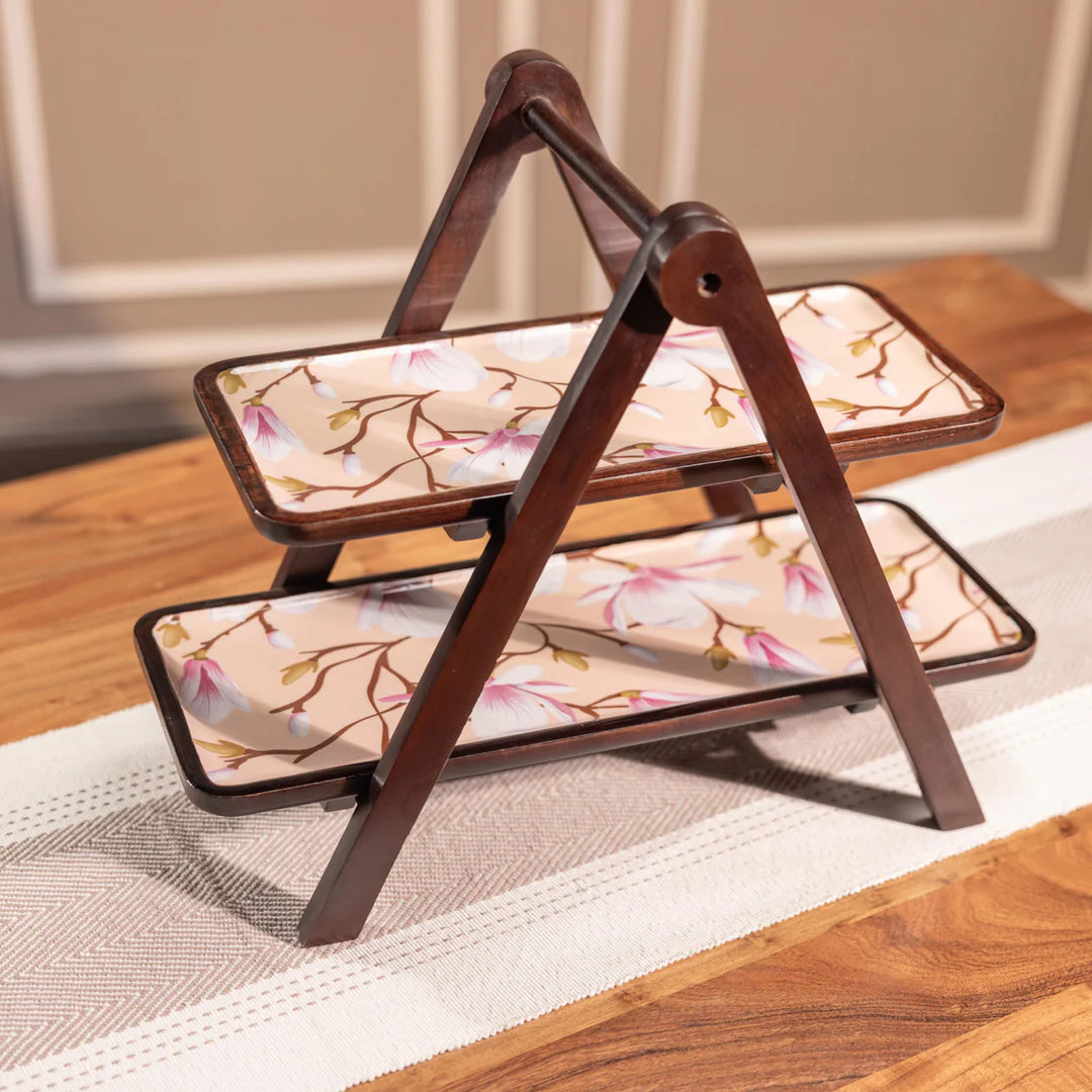 Ireka Homes Sakura Multipurpose Serveware – Premium Acacia Wood 2-Tier Stand  - Foldable Serveware for Snacks, Barware & Kitchen Decor (18x9.75x14 inches)