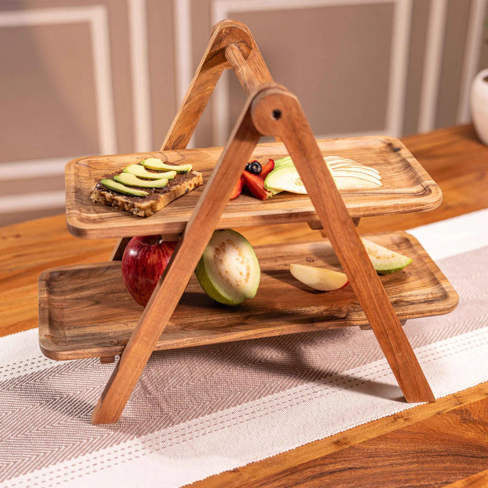Ireka Homes Snackrack Multipurpose Serveware – Premium Acacia Wood 2-Tier Stand  - Foldable Serveware for Snacks, Barware & Kitchen Decor (18x9.75x14 inches)
