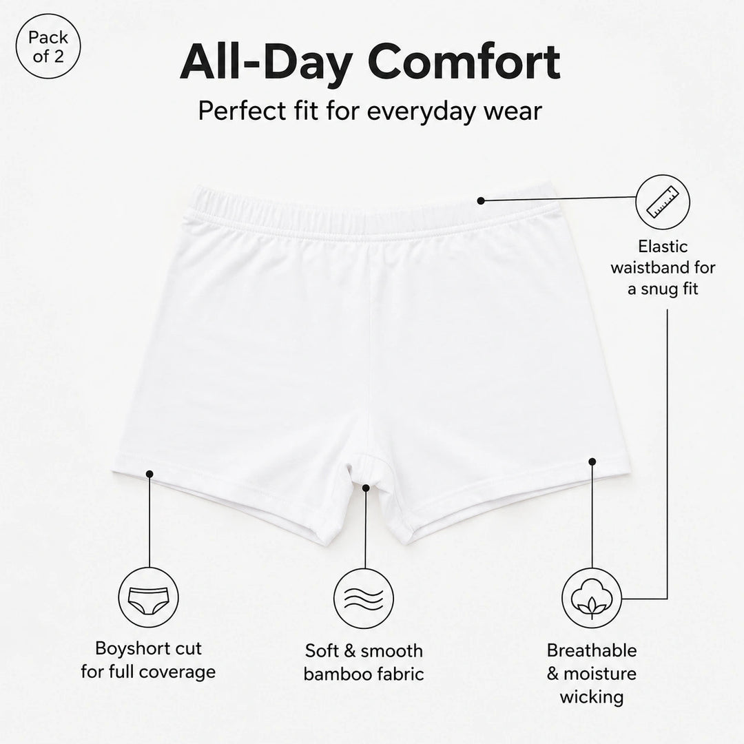 Women Bamboo Fabric Boyshort Panty | Mid Rise Soft Breathable Anti-Chafing Innerwear | Pack Of 2