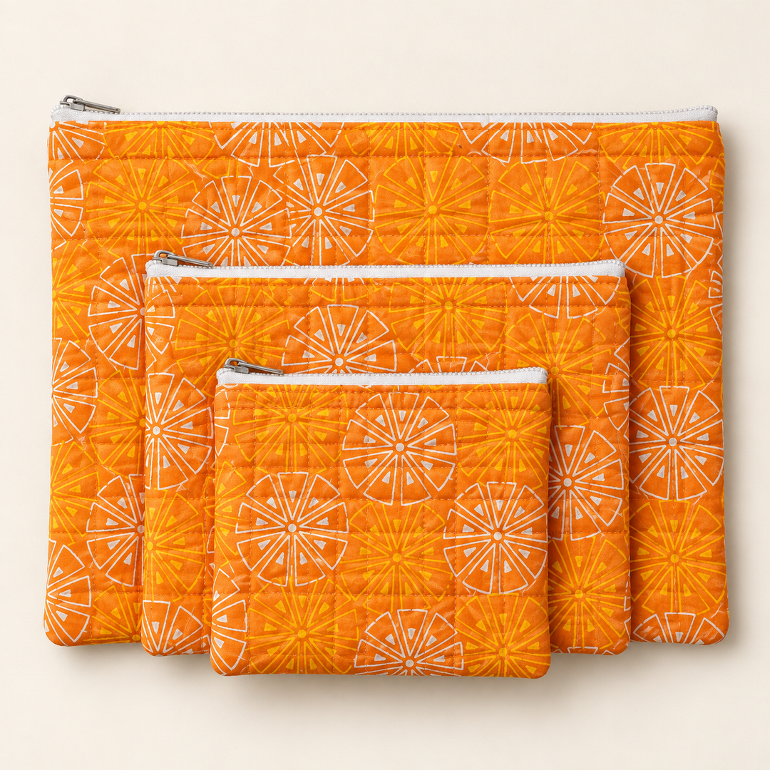 Pravaah Punh Quilted Cotton Flat Pouch Set of 3, Multipurpose Organisers
