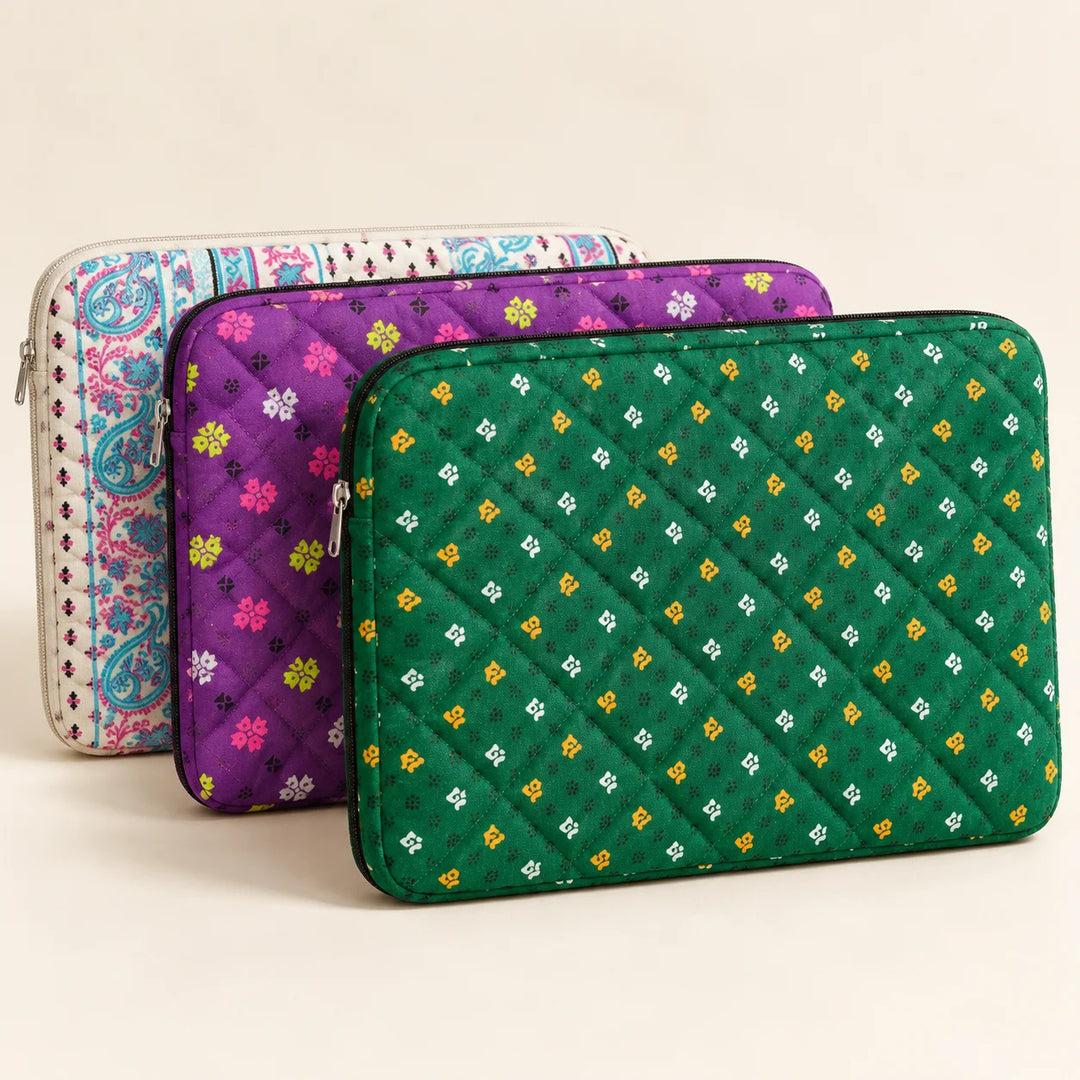 Pravaah Punh Quilted Cotton Laptop Sleeve with Zip Pocket, Assorted Prints