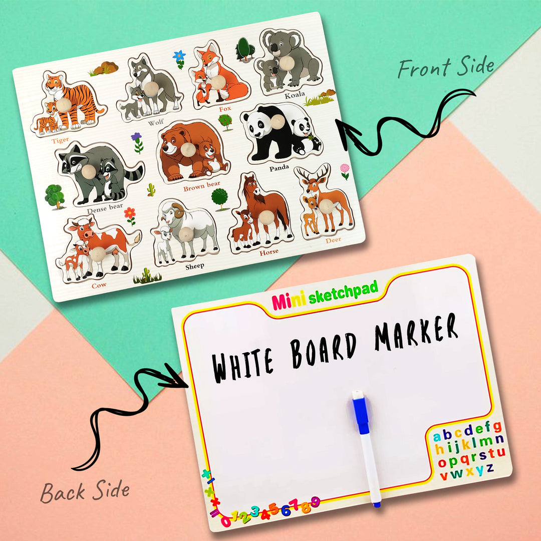 Wudly Toys Wooden Knob & Marker Puzzle Board | Alphabet, Numbers, Animals & Fruits