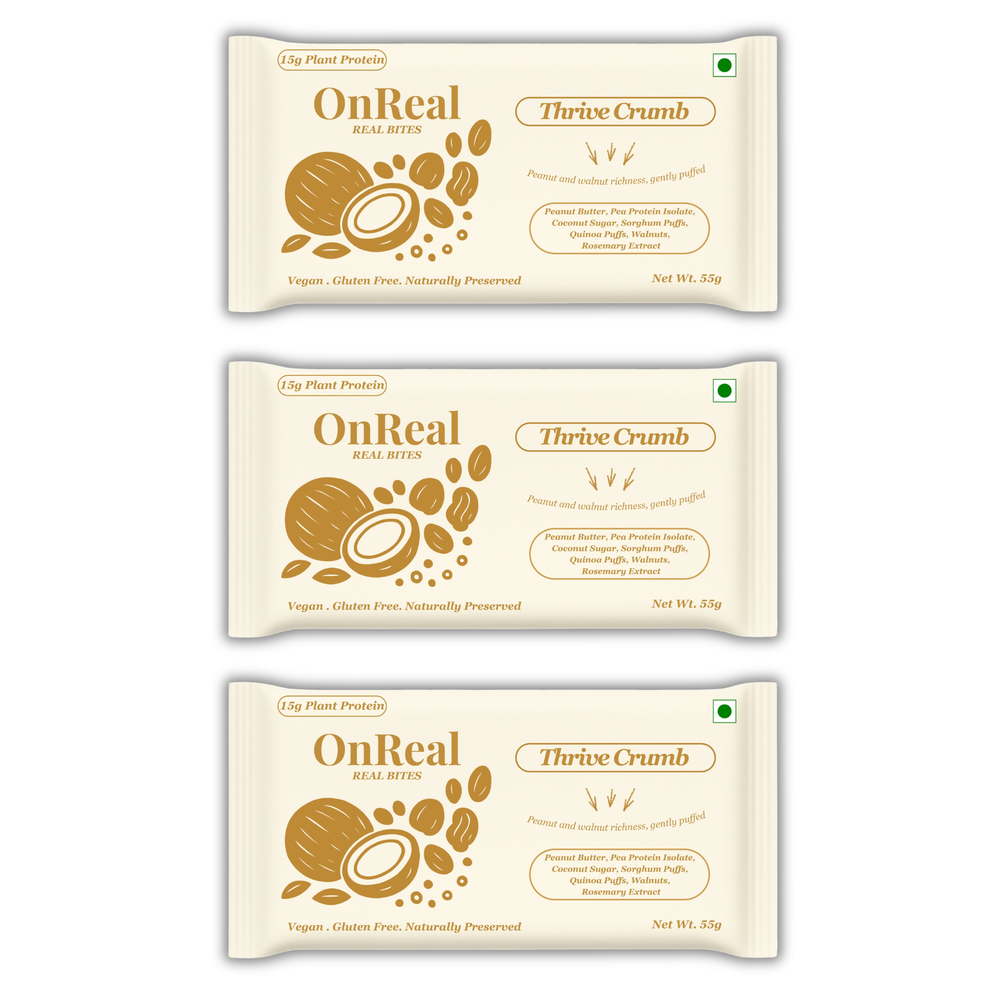 OnReal Foods Thrive Crumb Plant-Based Protein Bars | 15g Protein | No Refined Sugar | High Fiber | Peanut Butter & Walnut | Made with Jowar & Quinoa | Vegan & Gluten-Free