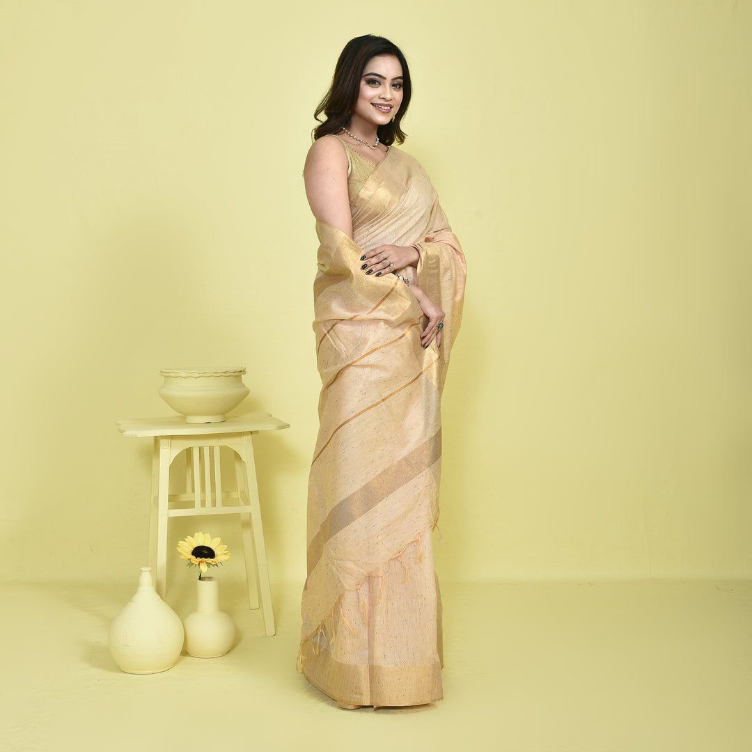 Beige Bamboo Fibre Saree with Zari Border