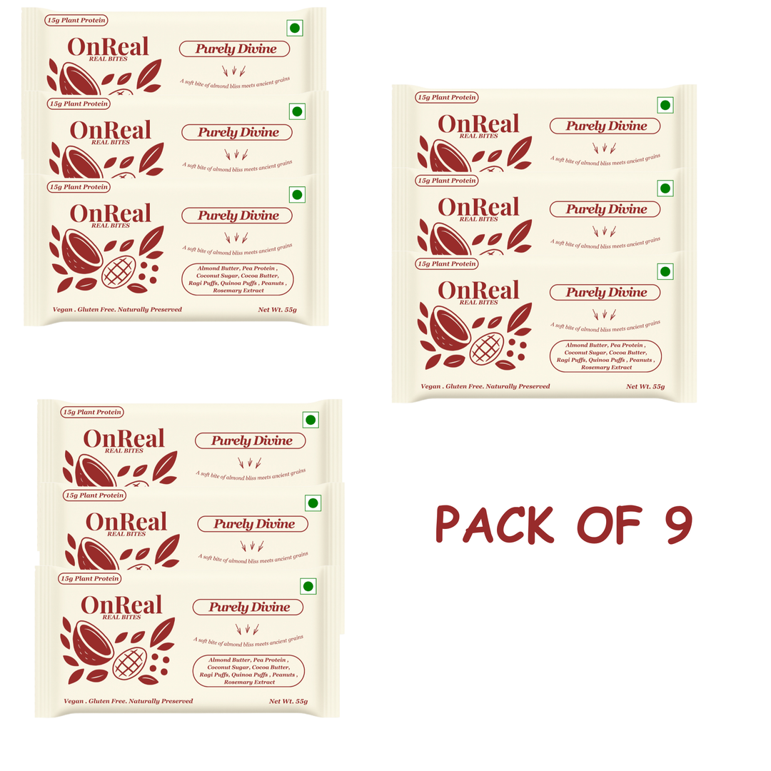 OnReal Purely Divine Plant-Based Protein Bars | 15g Protein | No Refined Sugar | High Fiber | Almond Butter | Made with Ragi & Quinoa Puffs | Vegan, Gluten-Free | Clean Label Snack