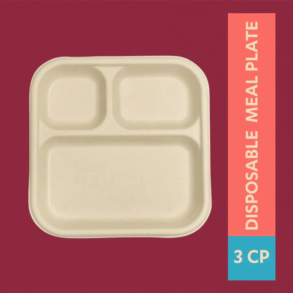 Chuk 3CP Sugarcane Bagasse Disposable Meal Plate - 25 pcs