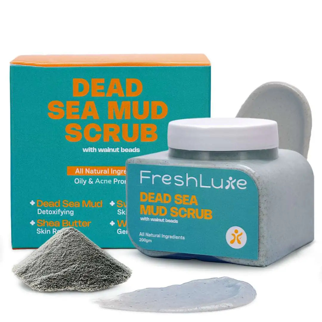 FreshLuxe Detan Combo | AYUSH-Approved | Shea Butter, Dead Sea Mud, Vitamin C & Lactic Acid | Body Lotion, Shower Gel & Scrub.
