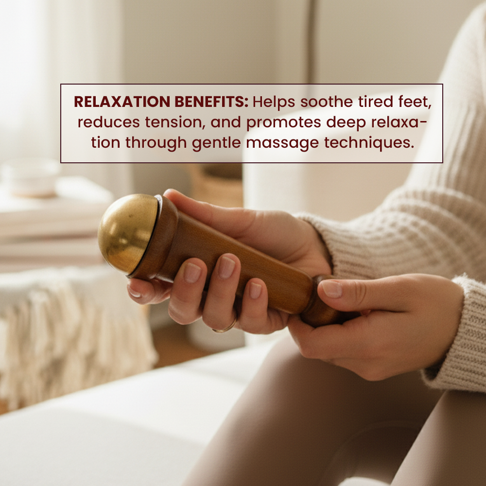 Kheoni Traditional Kansa Wand Foot Massager, Kansa Wand Capped with Teak Wooden Handle for Face Body Foot Massage and Deep Relaxation | Soothes Tired Feet Enhance Blood Circulation (3.8 CM)