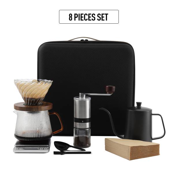 Pour Over Coffee Set with Travel Bag | Gooseneck Pour Over Kettle| Glass Dripper with Carafe| V02 Filter 100 Pcs | Manual Coffee Grinder | Weighing scale |Coffee Scoop with Cleaning Brush