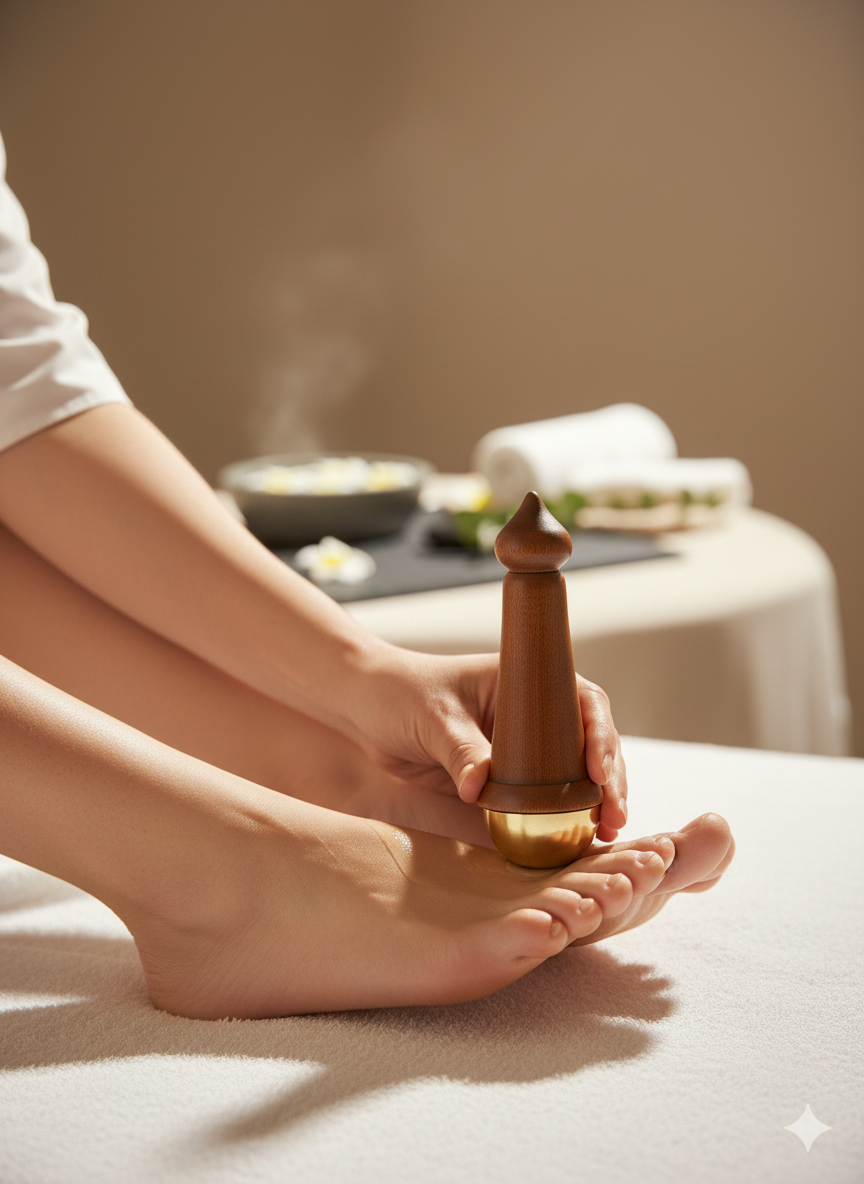 Kheoni Traditional Kansa Wand Foot Massager, Kansa Wand Capped with Teak Wooden Handle for Face Body Foot Massage and Deep Relaxation | Soothes Tired Feet Enhance Blood Circulation (5.1 CM)